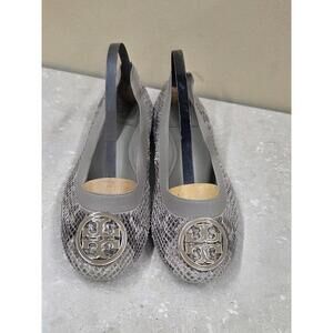 Tory Burch Shoes Womens Size 7M Gray Snakeskin Ballet Flats Leather Logo Toe Cap